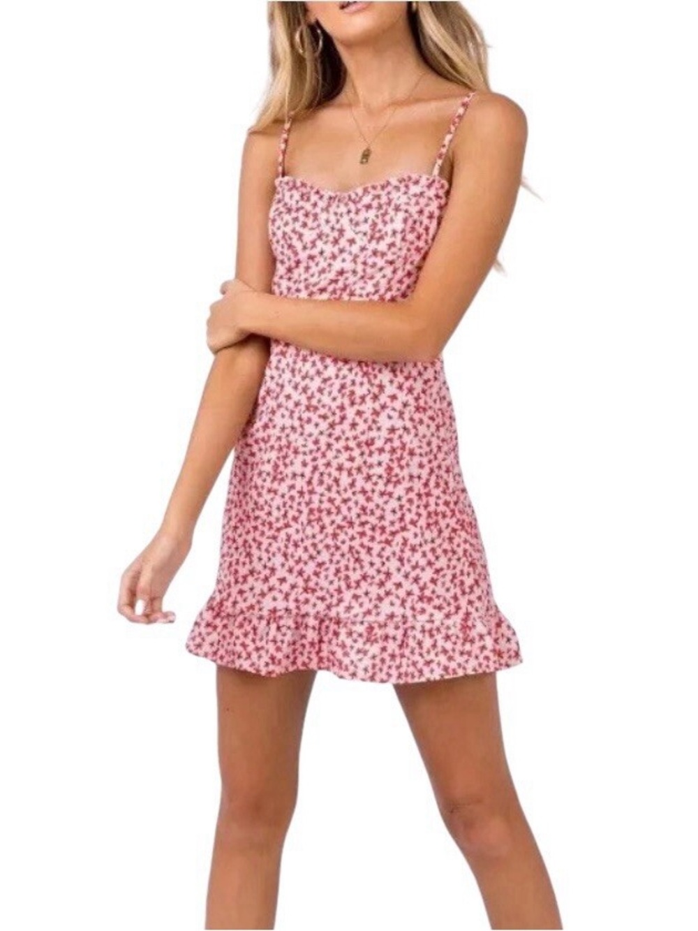 Princess Polly Pink Floral Spaghetti-Strap Mini Dress Ruffle Hem Womens Size 2